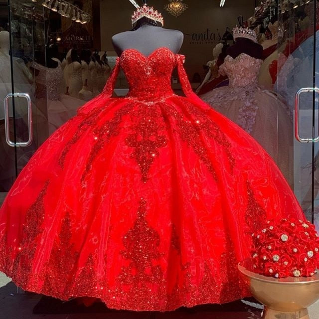 Fotos reales rojo Organza dulce 16 vestido de quinceañera apliques de lentejuelas con cuentas vestido de desfile de novia vestido de cumpleaños de niña mexicana
