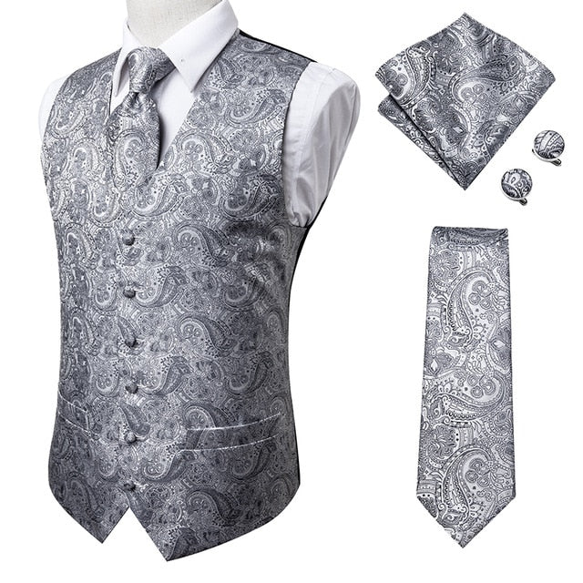 Hi-Tie, 20 colores, chalecos de seda para hombre y corbata, vestidos formales de negocios, chaleco delgado, gemelos de pañuelo de 4 piezas para traje, chaleco azul de Cachemira