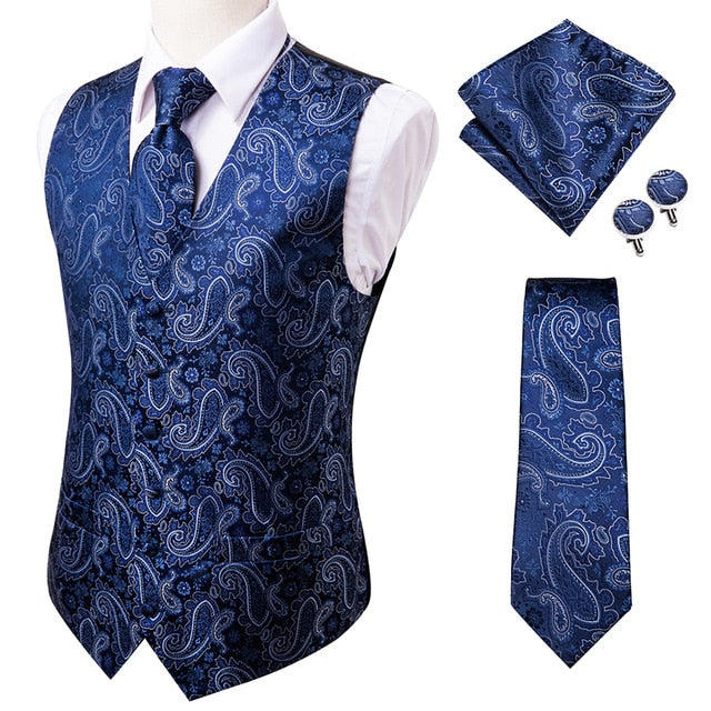 Hi-Tie 20 Farben Seide Herren Westen und Krawatte Business Abendkleider schmale Weste 4PC Hanky ​​Manschettenknöpfe für Anzug blau Paisley Weste