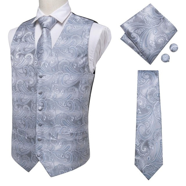 Hi-Tie 20 Farben Seide Herren Westen und Krawatte Business Abendkleider schmale Weste 4PC Hanky ​​Manschettenknöpfe für Anzug blau Paisley Weste