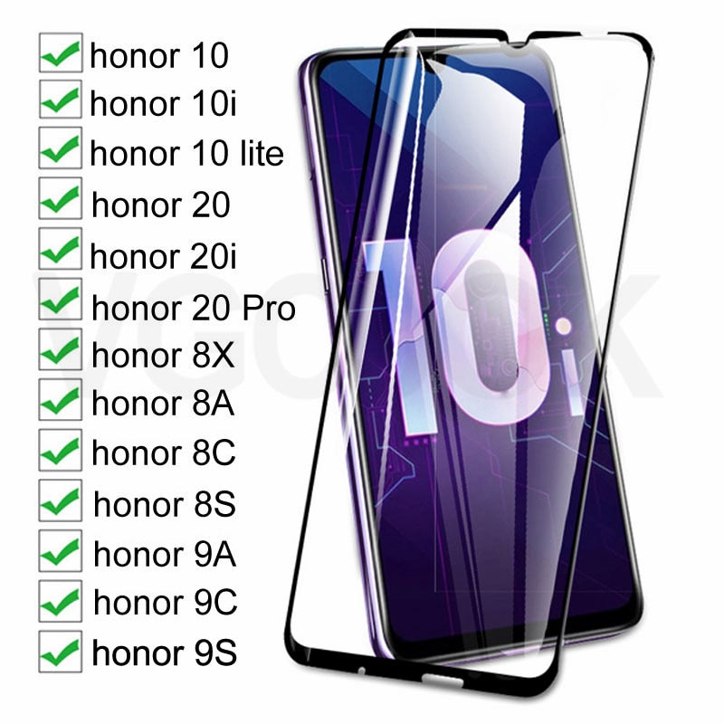Vidrio Protector completo 100D para Huawei honor 10 Lite 20 Pro 10i 20i Protector de pantalla templado en Honor 8X 8A 8C 8S 9A 9C 9S Glass