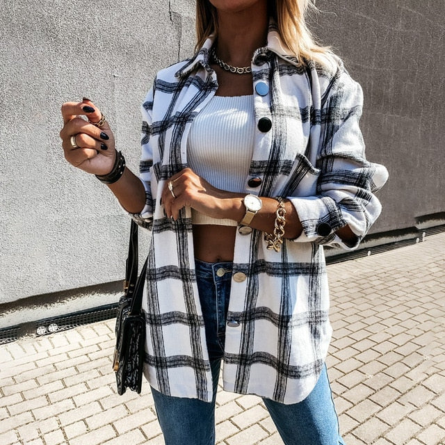 Autumn Spring Long Plaid Shirt Women Casual White Long Sleeve Pocket Button Up Collared Shirt Top Clothes Fashion New 2021 Fall