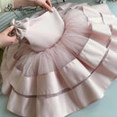 Puffy Layers Pink Flower Girl Dresses Satin Bow Kids Princess Dress Bow Shoulder Kids First Communion Dresses Birthday New Year