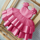 Puffy Layers Pink Flower Girl Dresses Satin Bow Kids Princess Dress Bow Shoulder Kids First Communion Dresses Birthday New Year