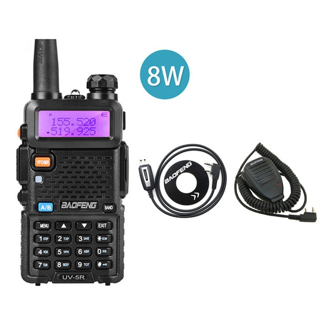BaoFeng UV 5R Radio bidireccional Real 8W 10KM 128CH Banda dual VHF (136-174MHz) UHF (400-520MHz) Walkie talkie portátil para aficionados