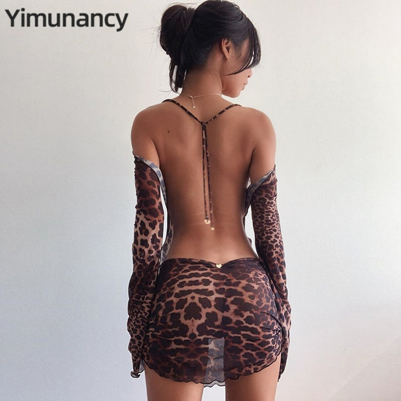 Yimunancy Leopardenmuster Rückenfreies Kleid Frauen Langarm Netzkleid 2021 Frühling Halfter Transparent Sexy Club Kleid Vestidos