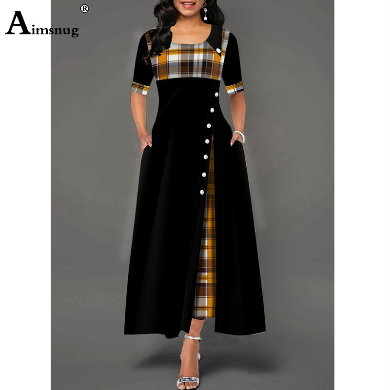 Plus size 4xl 5xlvWomen Elegant Long Plaid Print Party Dresses Irregular Ladies Vintage Button Dress Patchwork A-Line