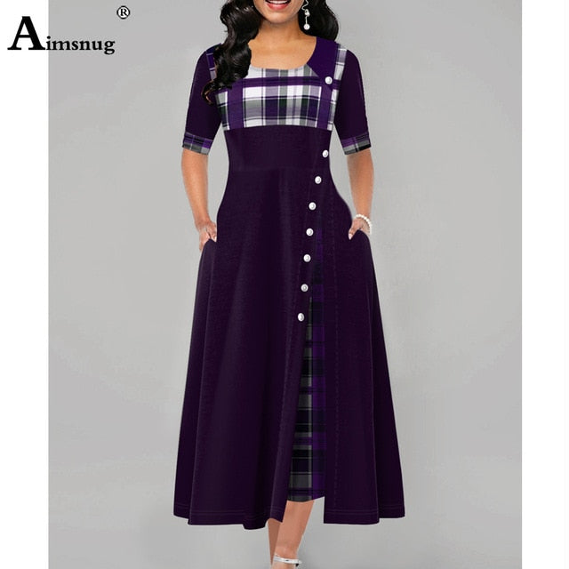 Plus size 4xl 5xlvWomen Elegant Long Plaid Print Party Dresses Irregular Ladies Vintage Button Dress Patchwork A-Line