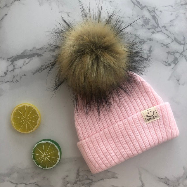 Gorro con pompón de piel sintética Unisex para invierno, bufanda para niños y niñas, gorros tejidos para bebés con gorro con pompón, accesorios para niños