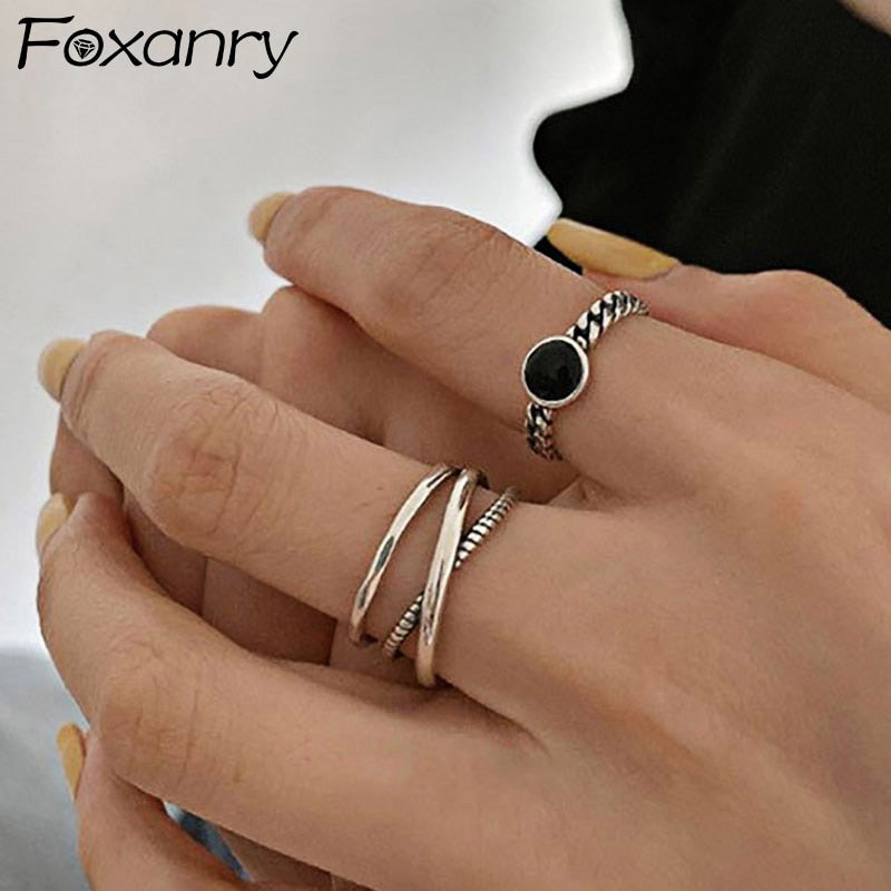 Foxanry minimalista 925 anillos de cadena de plata esterlina para mujeres parejas nueva moda Vintage hecho a mano geométrico fiesta joyería regalos