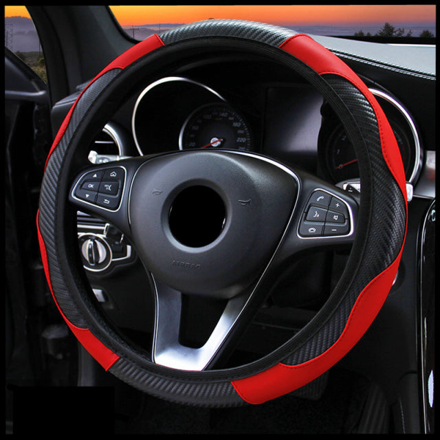 Protector para volante de coche, transpirable, antideslizante, de cuero PU, cubiertas de dirección adecuadas para decoración de automóviles de 37-38cm, fibra de carbono