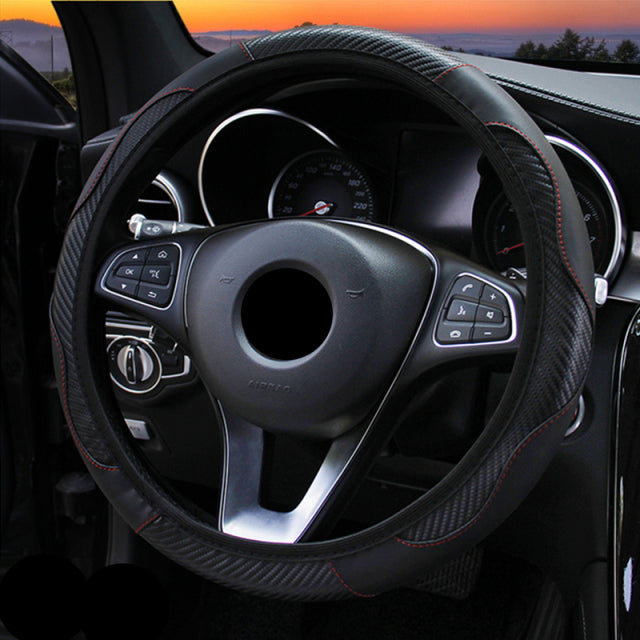 Protector para volante de coche, transpirable, antideslizante, de cuero PU, cubiertas de dirección adecuadas para decoración de automóviles de 37-38cm, fibra de carbono