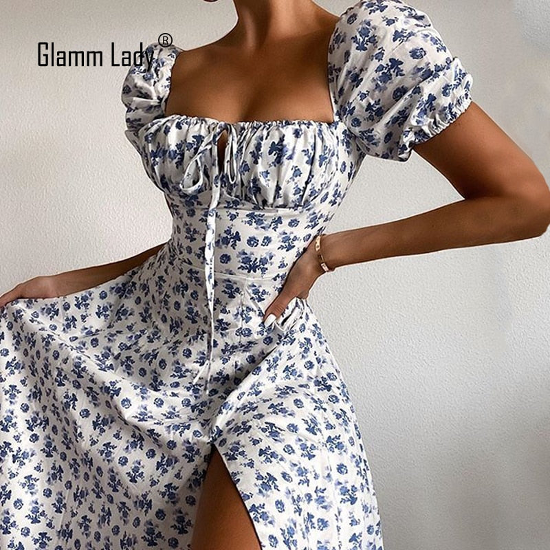 Glamm Lady Blumendruck Casual Midi Sexy Partykleider für Damen trägerloses Herbst-Sommer-Kleid Club, figurbetontes Kleid Puff Vestidos