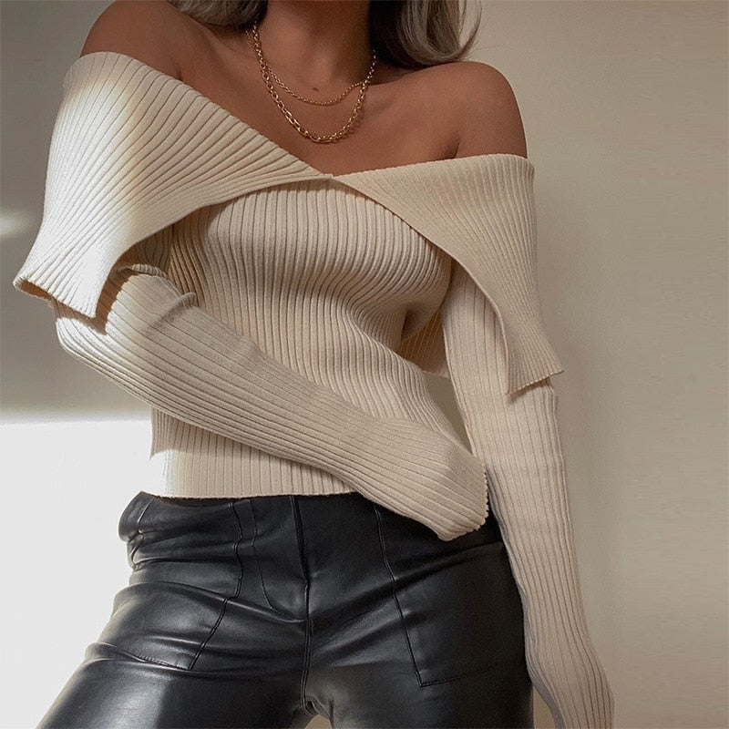 Otoño 2020, nuevo estilo, suéter de mujer con solapa grande, Sexy, sin hombros, cuello delgado, moda, Top de manga larga para mujer