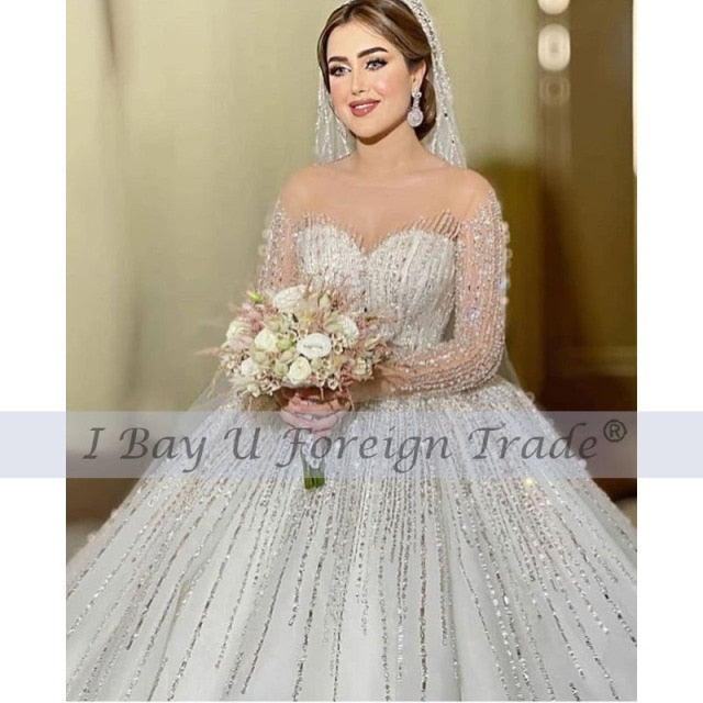 Luxury Sheer Tulle Wedding Dress Sexy Full Beading Bridal Ball Gown 2021abito da sposa Long Sleeve with Beading Veil