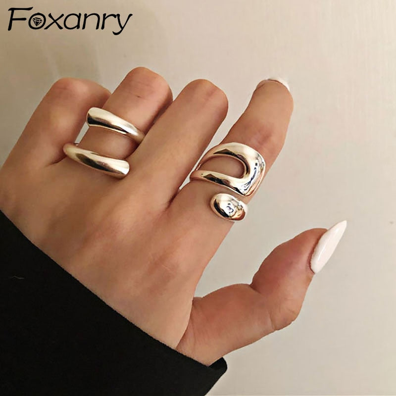 Foxanry Minimalist 925 Sterling Silver Rings for Women Fashion Creative Hollow Irregular Geometric Birthday Party Jewelry Gifts