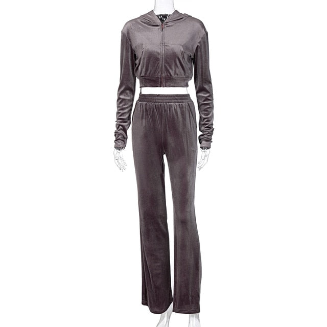Dulzura Velvet Damen 3-teiliges Set Hoodie Sweatshirt Zipper Tube Crop Top High Waist Wide Leg Pants Trainingsanzug Sportlich Casual Outfit