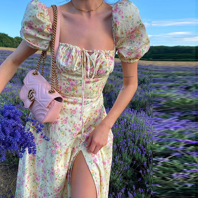 NewAsia Kleid mit Blumendruck, süßer eckiger Ausschnitt, Puffärmel, seitlich verschüttete Maxikleider mit Kordelzug für Damen, Party, schicke, lässige Outfits