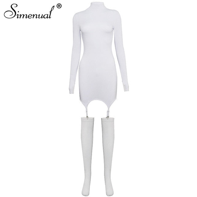 Simenual Solid Bodycon Garter Women Mini Dress with Stocking Long Sleeve Sexy Clubwear Skinny Party Dresses Autumn 2021 Hot Slim