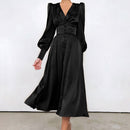 OOTN Beige Single Breasted Sexy Dress Party Clud High Waist Satin Long Dress Elegant V Neck Women Midi Dresses Lantern Sleeve