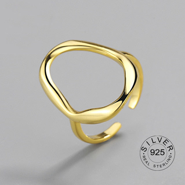 Offener Ring aus 100 % 925er Sterlingsilber für Frauen, minimalistisch, unregelmäßiges Wellenmuster, goldfarben, Schmuck, Bijoux, Geburtstag