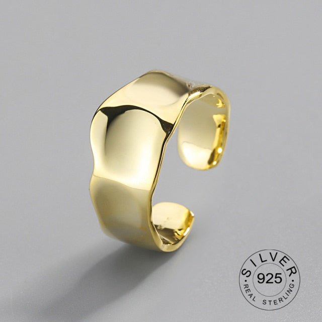 Offener Ring aus 100 % 925er Sterlingsilber für Frauen, minimalistisch, unregelmäßiges Wellenmuster, goldfarben, Schmuck, Bijoux, Geburtstag