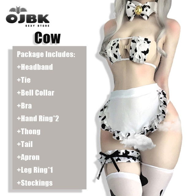 OJBK New Cos Cow Cosplay Costume Maid Tankini Bikini Swimsuit Anime Girls Swimwear Clothing Lolita Bra and Panty Set Stockings