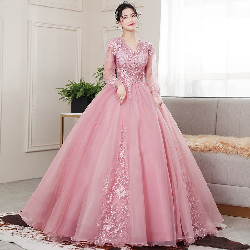 Quinceanera Kleid 2020 Party Prom Volle Hülse Sexy V-Ausschnitt Ballkleid Luxus Spitze Vintage Quinceanera Kleider Vestidos Robe De Bal