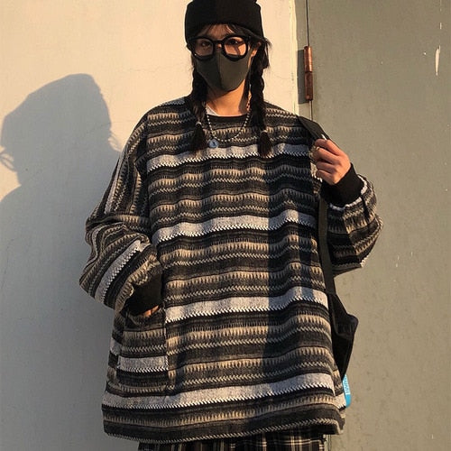 Jerséis de mujer de gran tamaño Ulzzang BF Unisex parejas japonés suéter de punto a rayas Hip Hop mujer nueva moda de invierno Retro diario