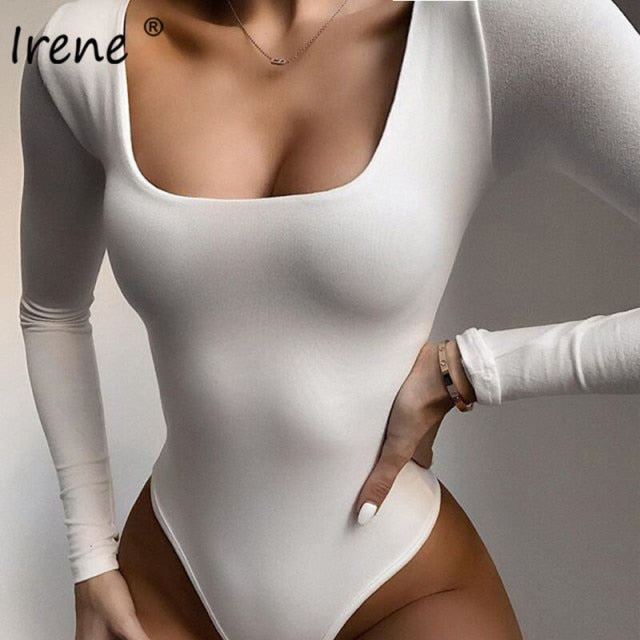Irene Sexy Body Mujer Casual Básico Blanco Negro Body de manga larga Tops Bodycon ajustado con cuello cuadrado Mamelucos Mujer Mono