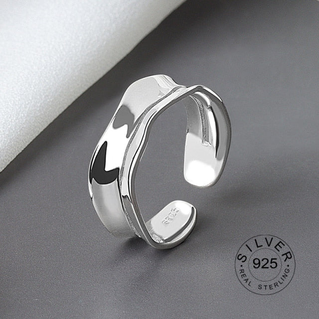 925 Sterling Silver Open Ring For Women INS Niche Irregular Wave Sand Surface Wide Noodle Original Party Birthday Gift