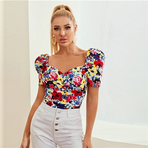SHEIN Multicolor Sweetheart Neck Puff Sleeve Floral Top Slim Fit Wrap Blouse Summer Elegant Short Sleeve Womens Tops and Blouses