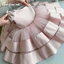 Puffy Layers Pink Flower Girl Dresses Satin Bow Kids Princess Dress Bow Shoulder Kids First Communion Dresses Birthday New Year