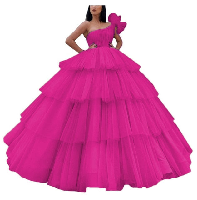 Sevintage Pink One Shoulder Quinceanera Dress Dubai Ball Gown Tiered Pleats Long Formal Prom Gowns Saudi Arabic Sweet 16 Dresses