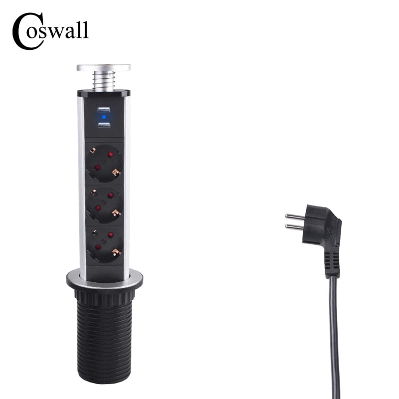 COSWALL PULL POP UP 3 Socket 2 USB Charge Port Kitchen Table Desktop Outlet Retractable EU Plug Aluminum Body Blue Backlight