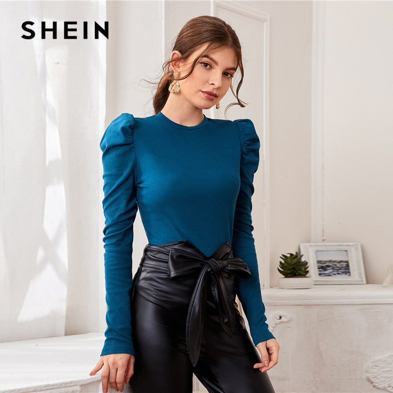 SHEIN Mock Neck Gigot Sleeve Rib-knit Tee Slim Fit Top Women 2021 Spring Office Lady Solid Skinny Elegant T-shirts