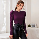 SHEIN Mock Neck Gigot Sleeve Rib-knit Tee Slim Fit Top Women 2021 Spring Office Lady Solid Skinny Elegant T-shirts