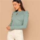 SHEIN Mock Neck Gigot Sleeve Rib-knit Tee Slim Fit Top Women 2021 Spring Office Lady Solid Skinny Elegant T-shirts