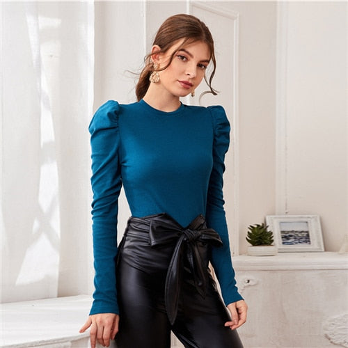 SHEIN Mock Neck Gigot Sleeve Rib-knit Tee Slim Fit Top Women 2021 Spring Office Lady Solid Skinny Elegant T-shirts