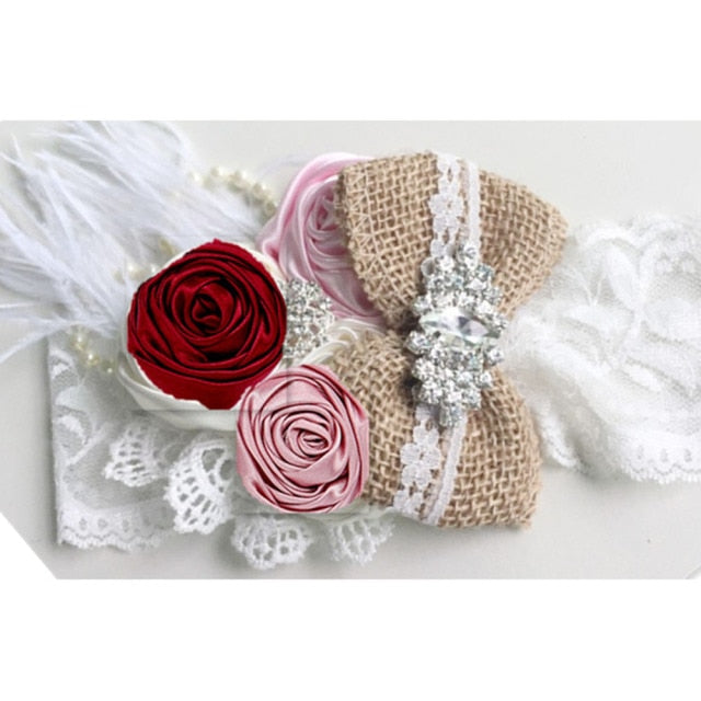 Vintage Flower Headband Baby Girls Headwraps Newborn Photography Props Gifts Lace Elastic Hair Bands Pearl Feather Accessories