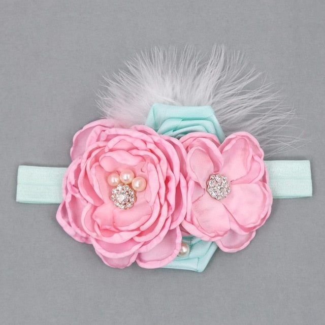Vintage Blume Stirnband Baby Mädchen Headwraps Neugeborene Fotografie Requisiten Geschenke Spitze Elastische Haarbänder Perle Feder Zubehör