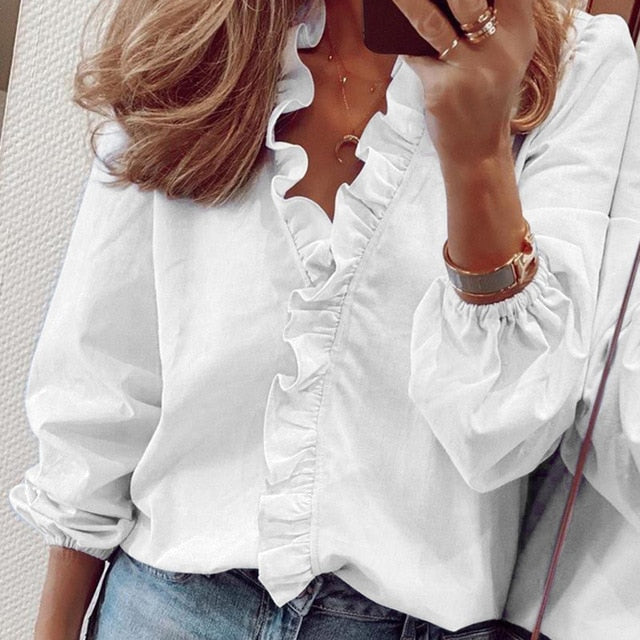Damen Tops und Blusen Elegant Langarm Weiß Ol Shirt Damen Einfarbig Chemise Femme Blusa Feminina Streetwear