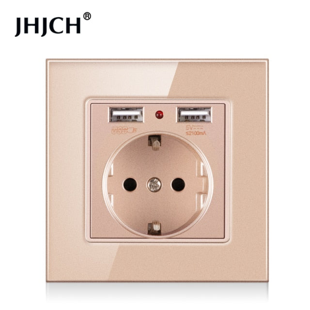 JHJCH EU power socket, plug with 2.1a 16A USB charging port, glass panel, Russian Spanish power socket