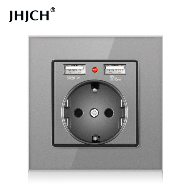 JHJCH EU power socket, plug with 2.1a 16A USB charging port, glass panel, Russian Spanish power socket