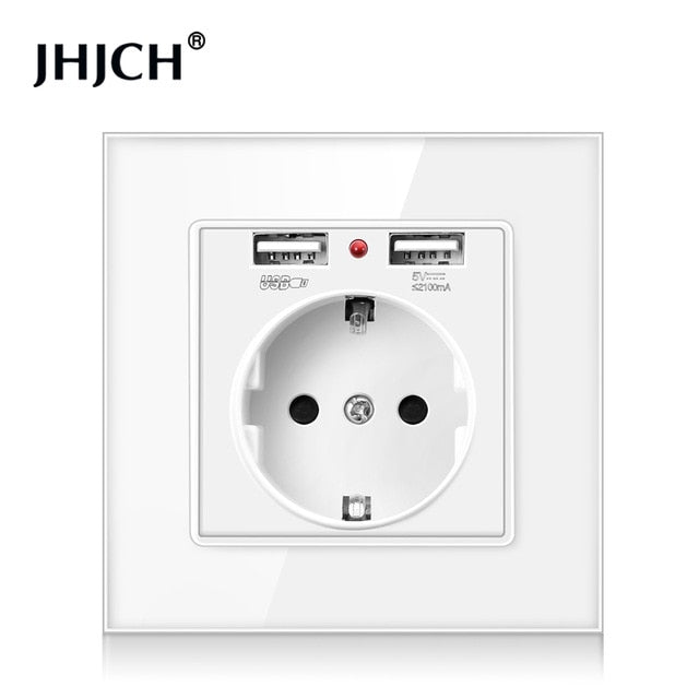 Toma de corriente JHJCH EU, enchufe con puerto de carga USB 2.1a 16A, panel de vidrio, toma de corriente rusa española