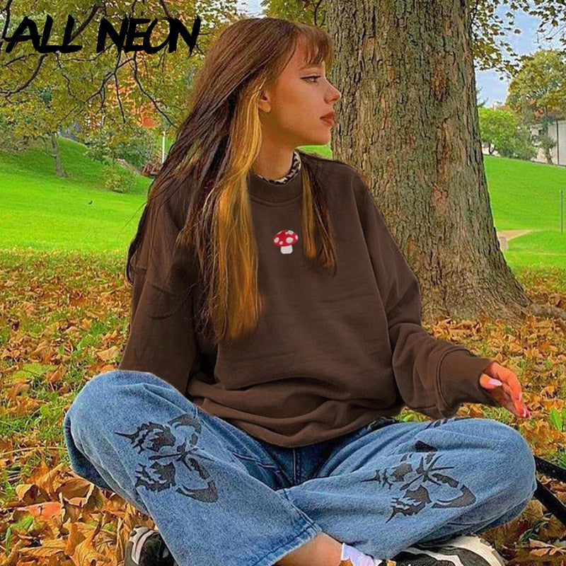 ALLNeon Y2K Aesthetics Mushroom Embroidery Oversized Sweatshirts Vintage Brown Crewneck Long Sleeve Top 2000er Mode Streetwear