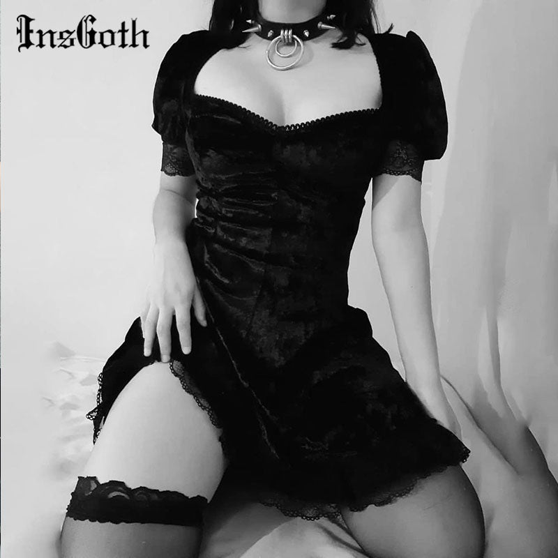 InsGoth Vintage encaje negro vestido Goth Sexy alta cintura Mini vestido estético elegante manga corta A Line vestido fiesta Club Wear