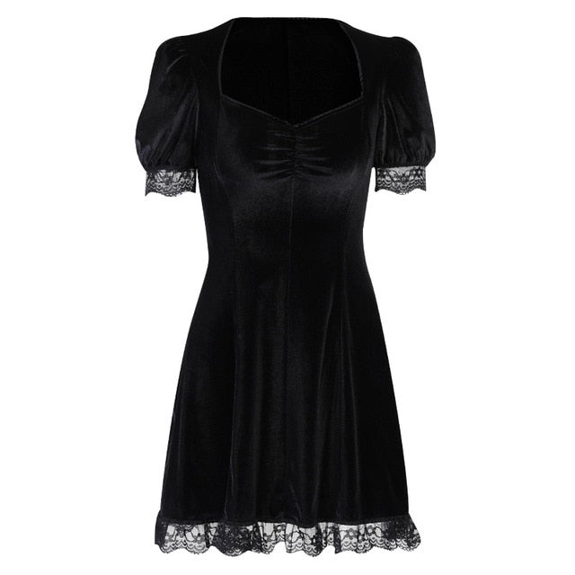 InsGoth Vintage Spitze Schwarzes Kleid Goth Sexy Minikleid mit hoher Taille Ästhetisch Elegant Kurzarm A-Linie Kleid Party Club Wear