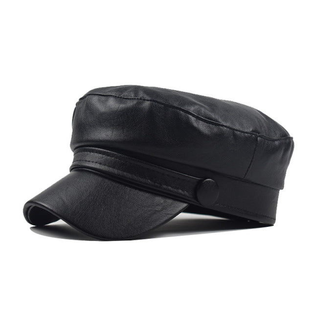 Fashion Unisex PU Leather Military caps Spring Autumn Sailor Hats for Women Men Black Grey Flat Top Captain Cap Travel Cadet Hat