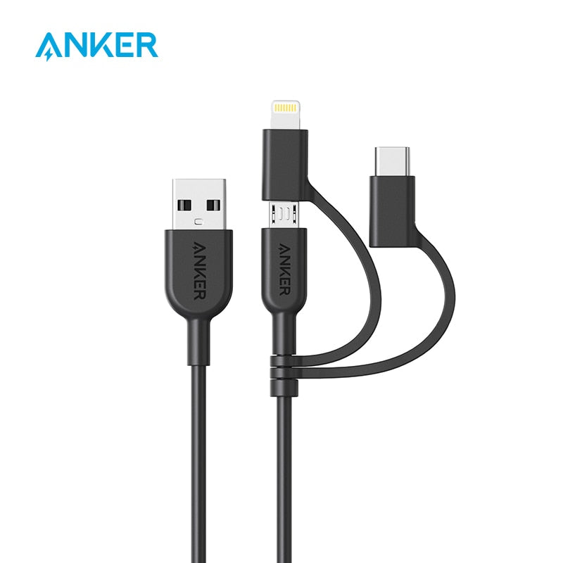 Anker Powerline II 3-in-1 Cable, 3ft Lightning/Type C/Micro USB Cable for iPhone, iPad, Huawei, HTC, LG, Samsung Galaxy and More